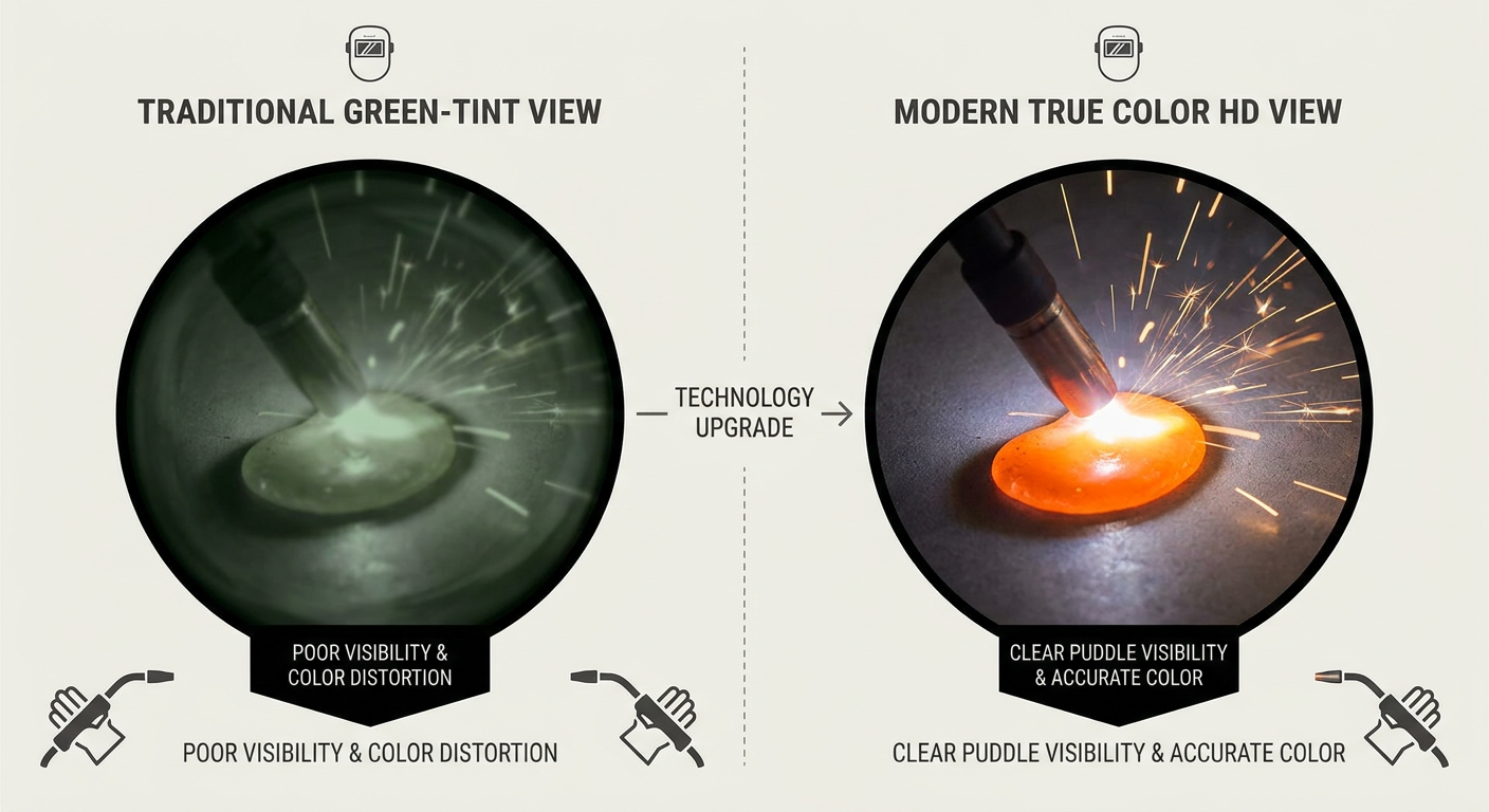 Comparison of traditional welding lens vs. modern True Color auto-darkening technology