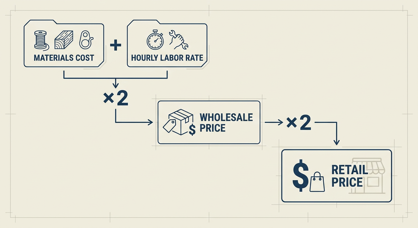 Formula for pricing handmade goods: (Materials + Labor) x 2 = Wholesale; Wholesale x 2 = Retail