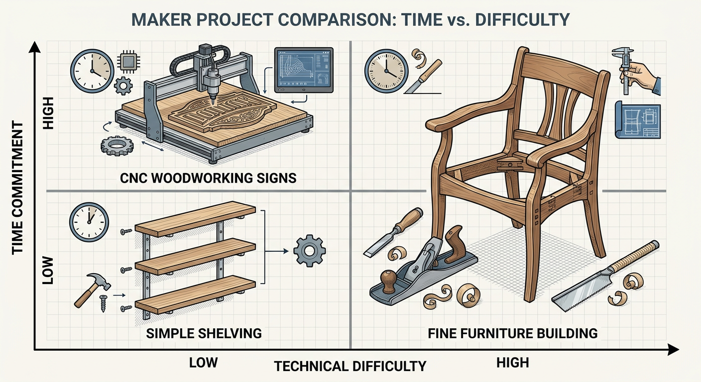 Difficulty vs. Time matrix for common weekend projects like shelving, CNC signs, and furniture builds