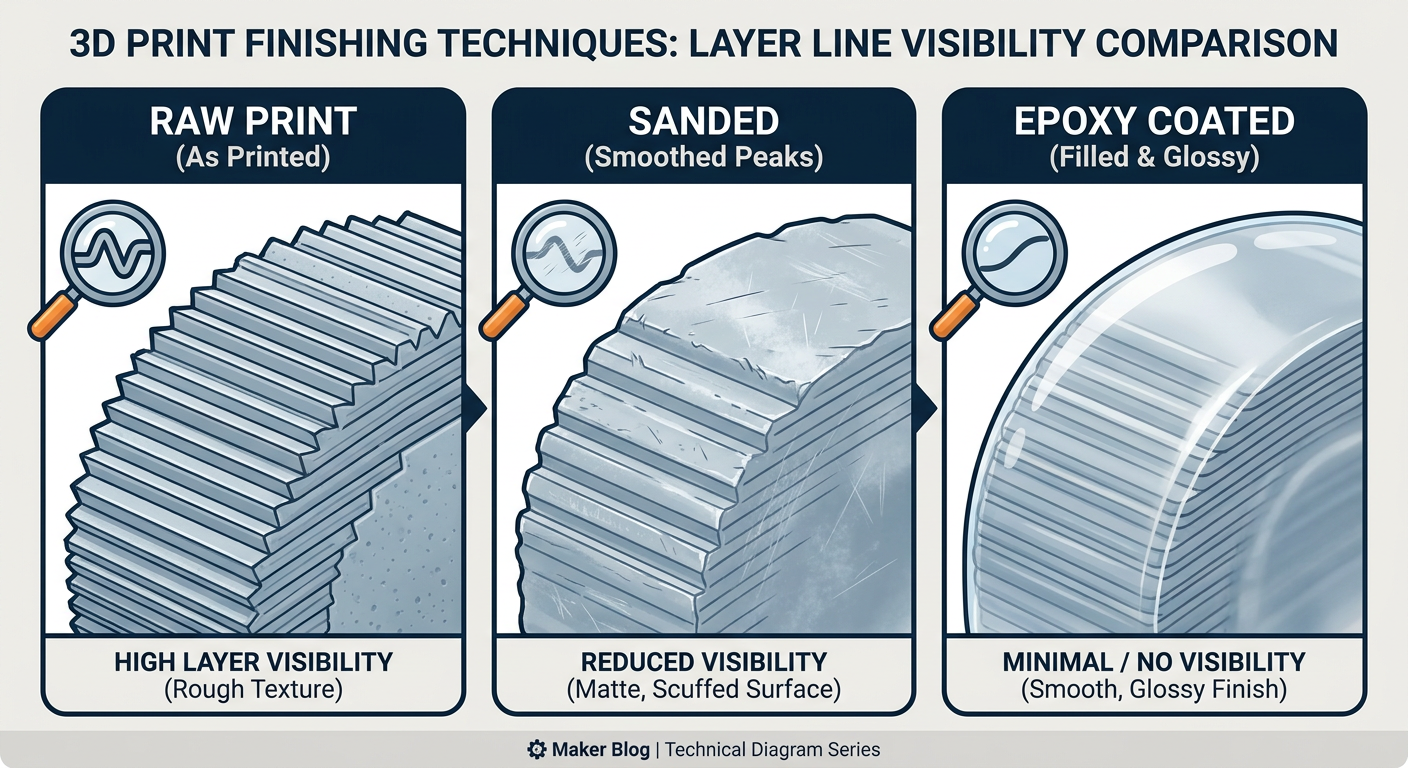 Comparison of 3D print finishing techniques: Raw vs. Sanded vs. Epoxy Coated