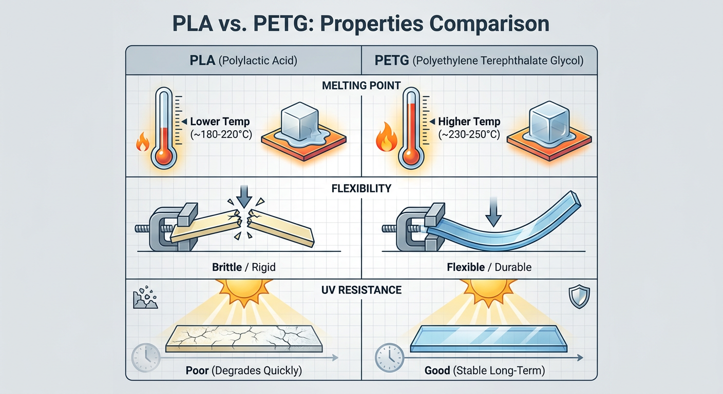 Comparison chart of PLA vs. PETG properties including melting point, flexibility, and UV resistance