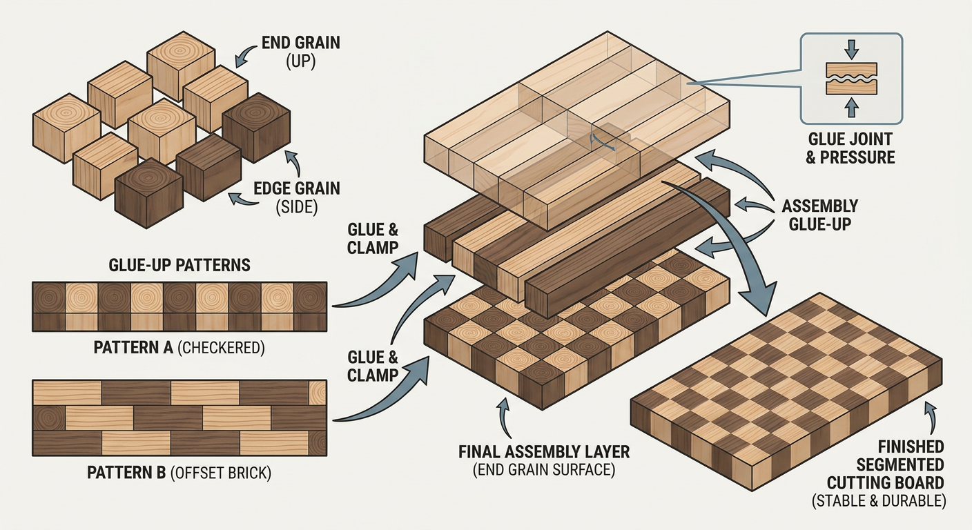 Exploded view of a segmented cutting board assembly