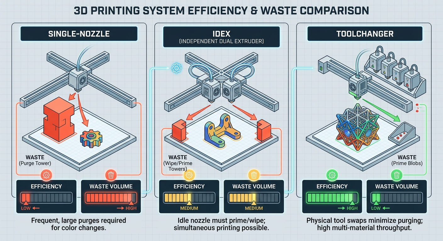 Comparison of 3D printing waste vs. efficiency for Toolchangers, IDEX, and Single-Nozzle systems