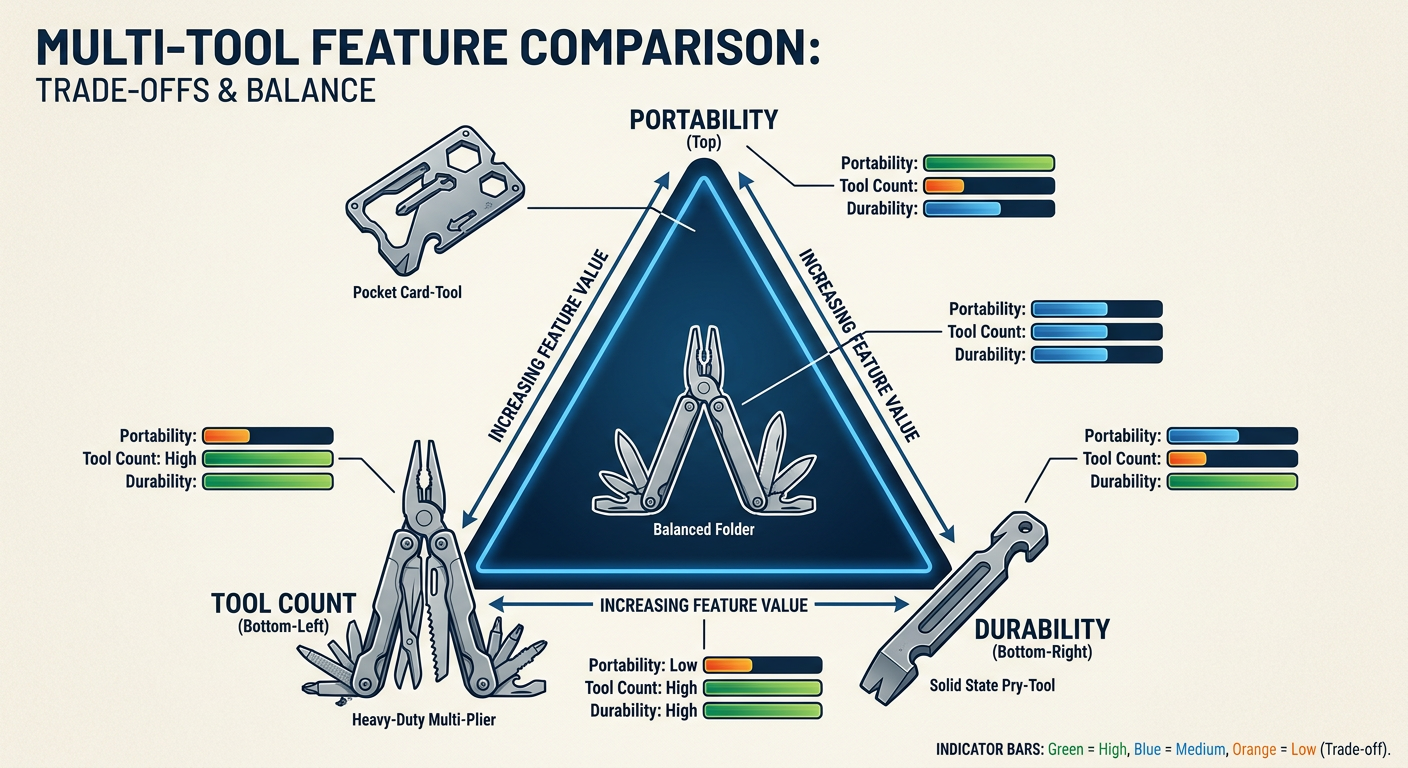 Comparison chart of Multi-tool features: Portability vs. Tool Count vs. Durability