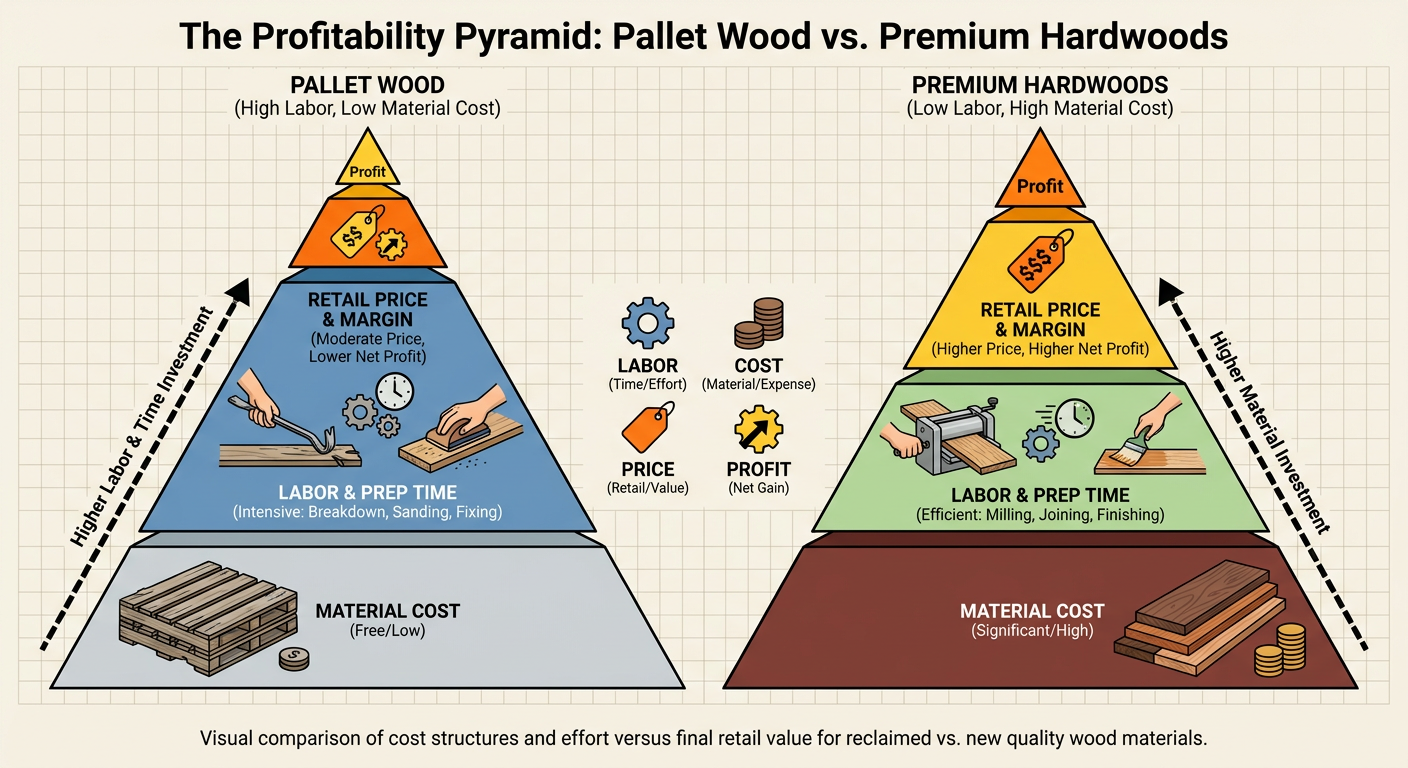 The Profitability Pyramid: Comparing material cost vs. labor vs. retail price for pallet wood vs. premium hardwoods