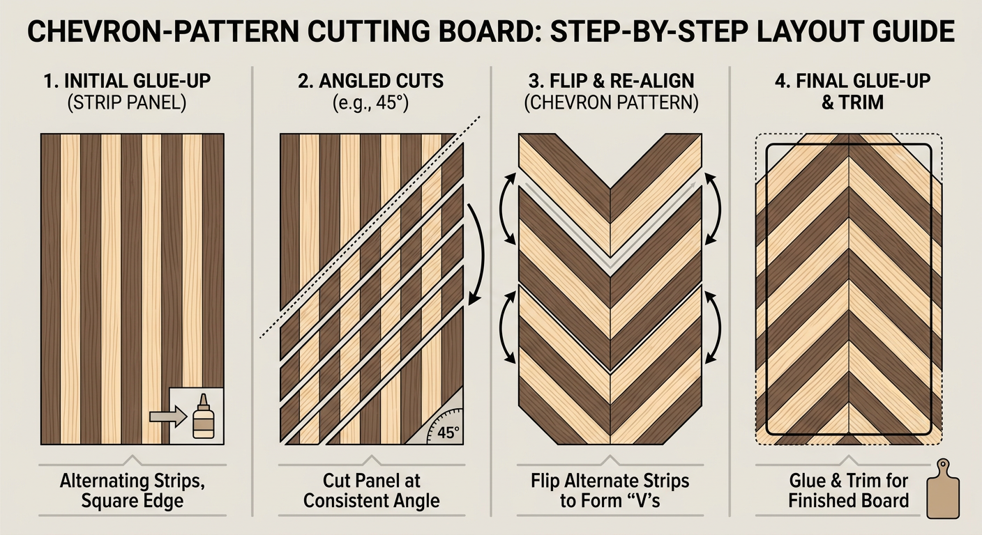 Step-by-step layout guide for a chevron-pattern cutting board