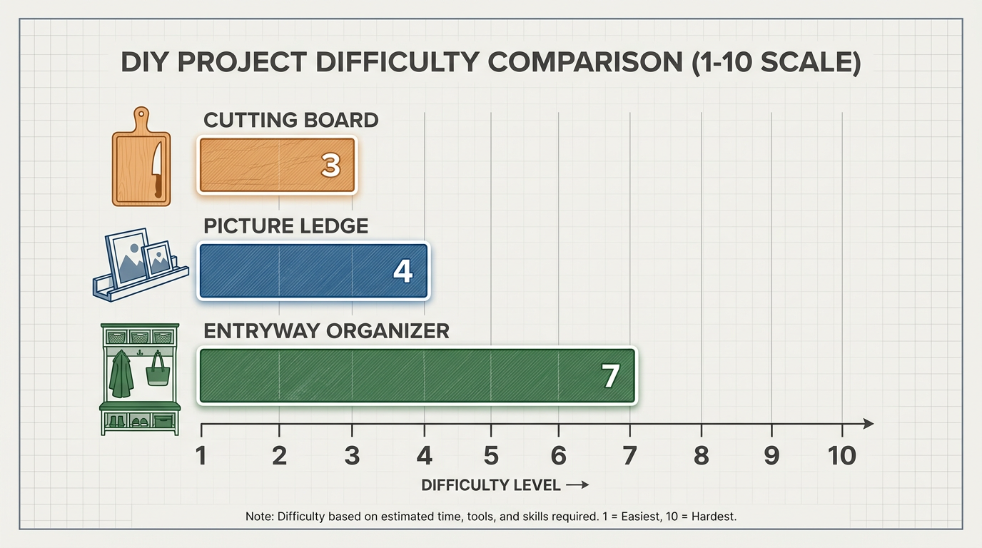 Weekend project difficulty comparison: Cutting Board vs. Shelving vs. Furniture