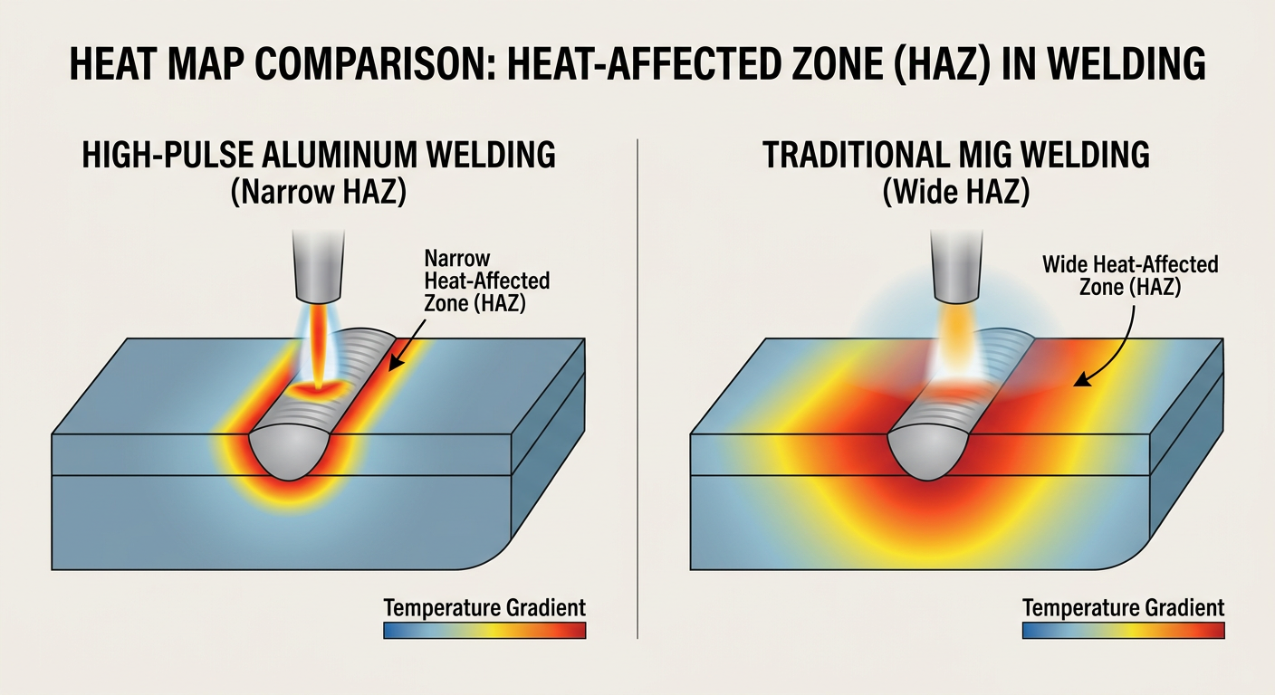 Comparison of traditional welding vs. high-pulse aluminum welding heat distribution