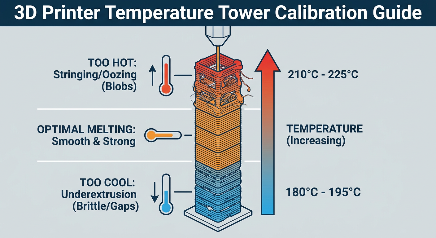 3D Printer Temperature Tower Calibration Guide showing optimal vs. poor layer adhesion