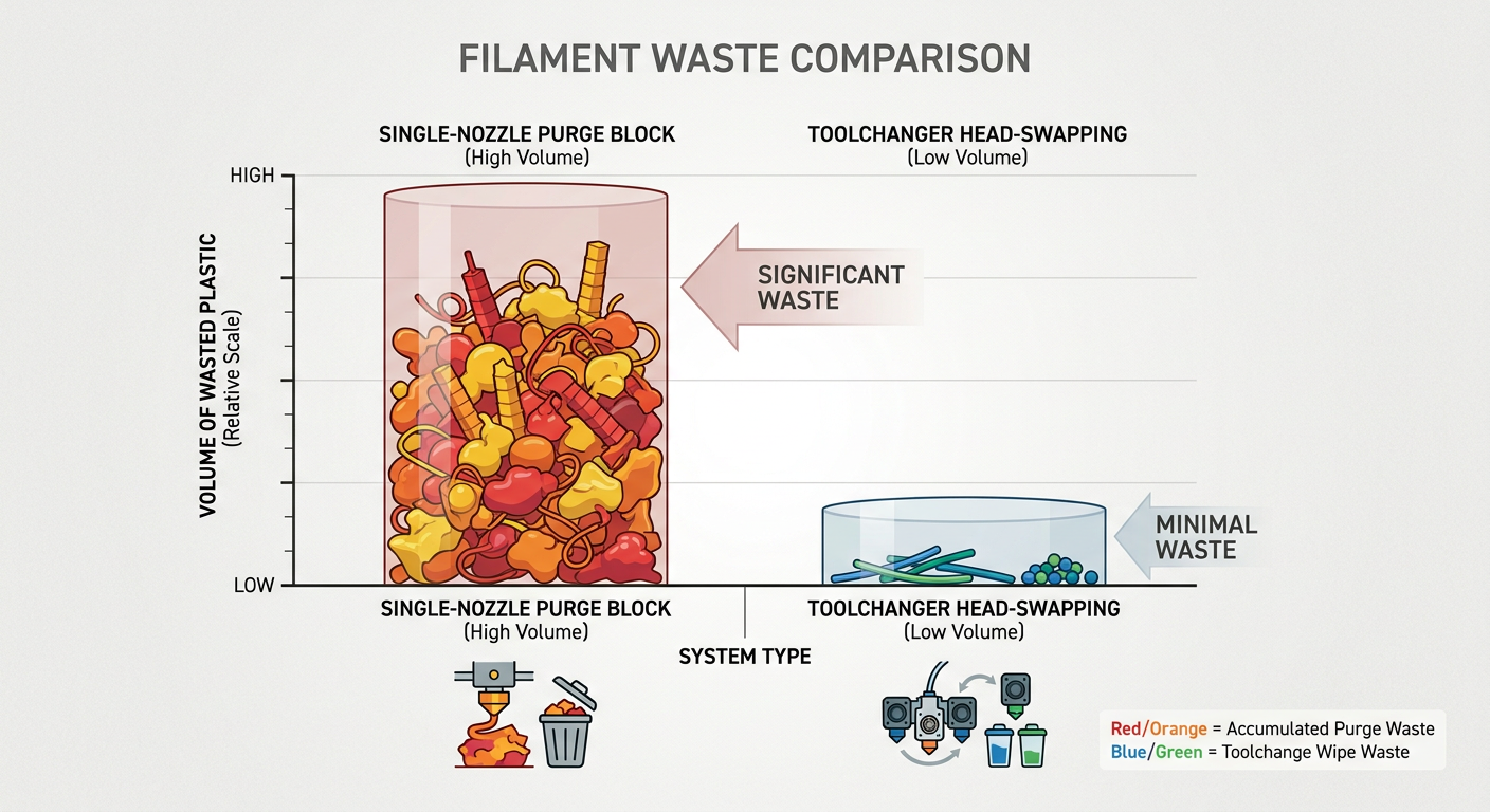 Comparison of Filament Waste: Single Nozzle vs. Toolchanger Systems