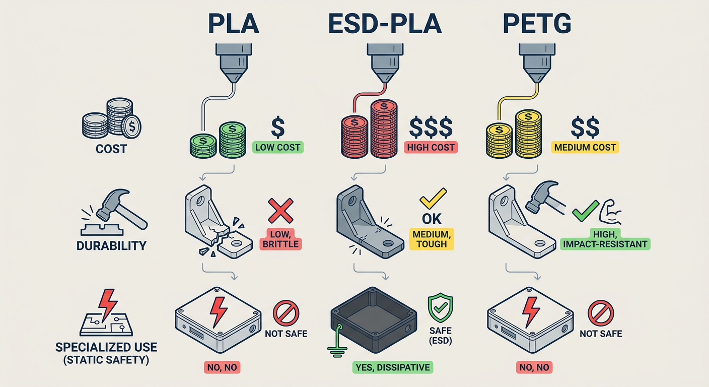 Comparison chart of 3D printing filaments: PLA vs. ESD-PLA vs. PETG highlighting cost, durability, and specialized uses like static safety.