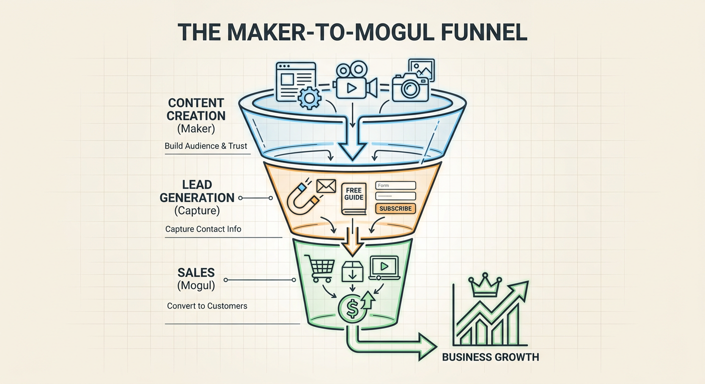 The Maker-to-Mogul Funnel: showing the transition from Content Creation to Lead Generation to Sales.