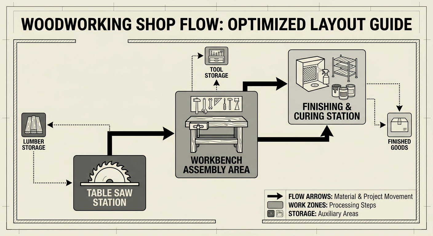 Woodworking Shop Flow: A layout guide for optimizing the path between the table saw, workbench, and finishing station.