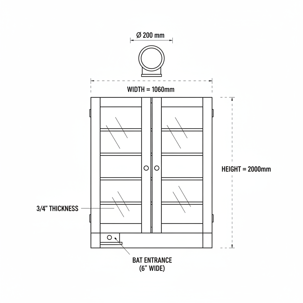 A cabinet with double doors and a 200 mm ventilation pipe for housing bats