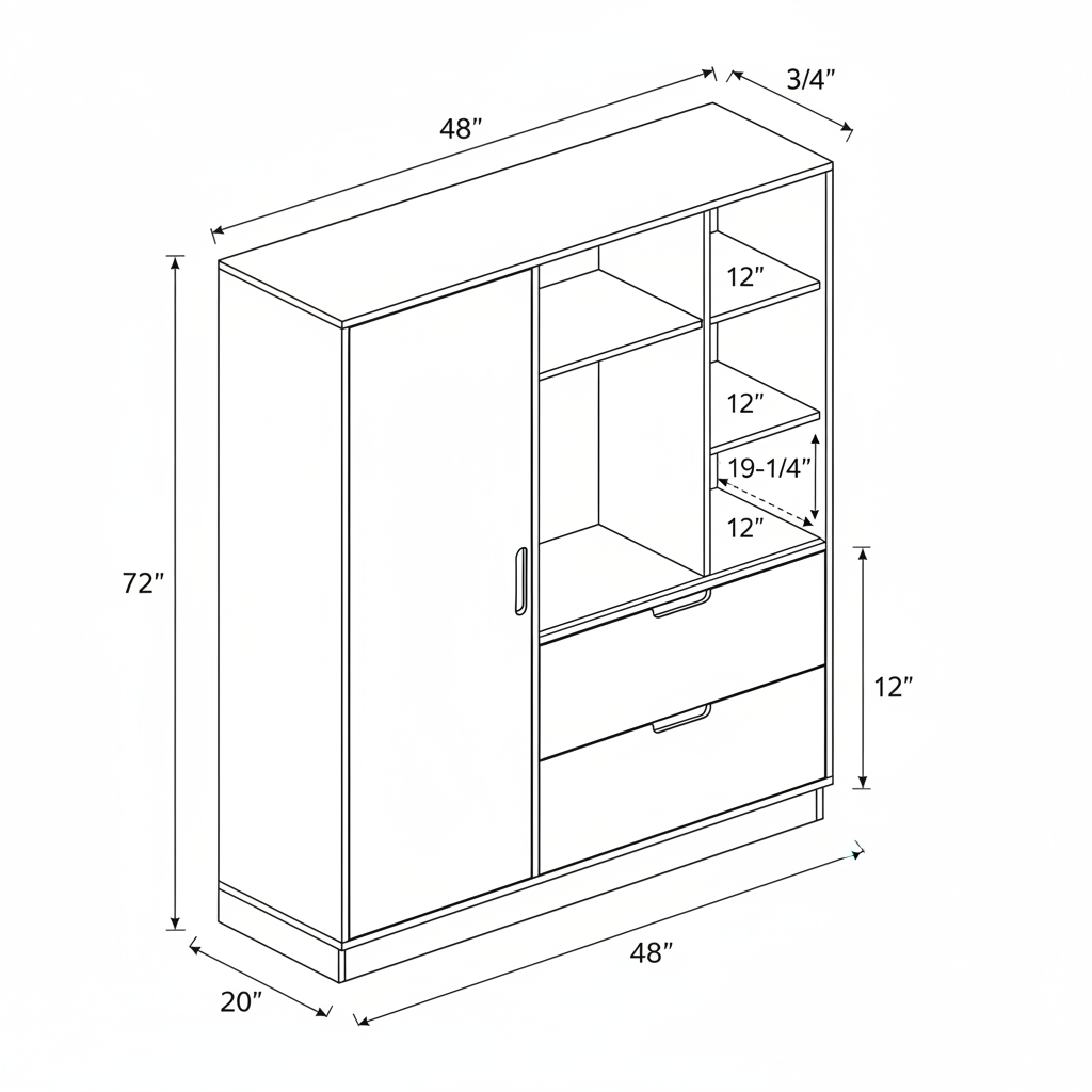 A wardrobe with two main vertical doors and a lower section with a hinged door