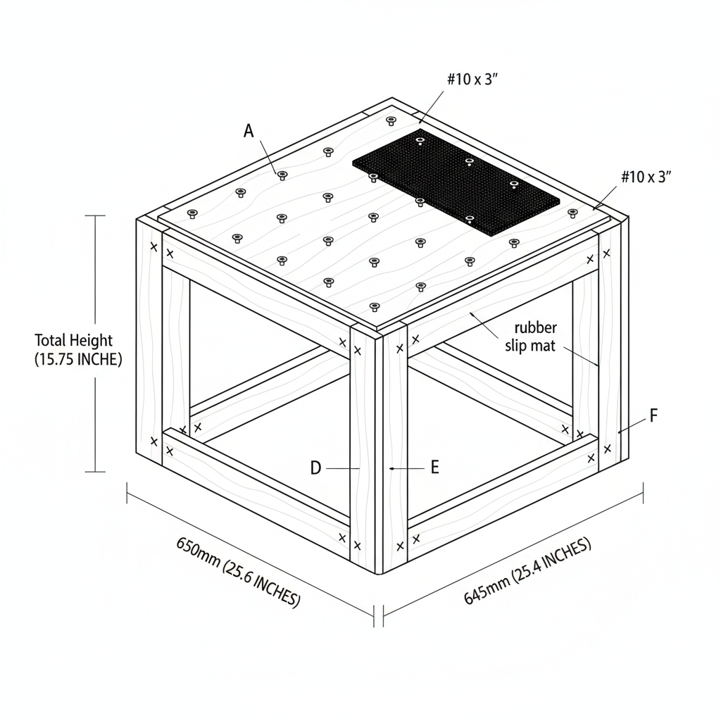 Build a box for a Fisher & Paykel Condenser dryer to sit on so I don't have to bend over to load and unload. Dimensions: · External width: 650mm · External depth: 645mm · Total height: 400mm Materials: · 900mm x 450mm H1.2 NZ treated pine timber · 12mm plywood for the top surface Construction details: · Four legs at 400mm height · Top frame made from the 90x45 timber (650mm front/back, 645mm sides) · Plywood deck screwed on top · Rubber non-slip mat on top of plywood · Simple butt joints with screws (no complex joinery needed) Requirements: · Must support 44kg static weight plus vibration from running dryer · Beginner skill level · Please provide a screw list, and step-by-step assembly instructions. Cut list won't be necessary as it's being cut for me at my local Mitre10