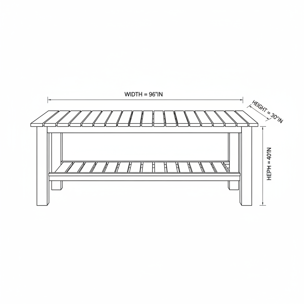 I want to build a solid wood work table, it should have some sort of open compartment or floor in the bottom. I am going to use this table as an eating table to bring friends and sit 8 people. It will be set outdoors so it will rain and receive sun