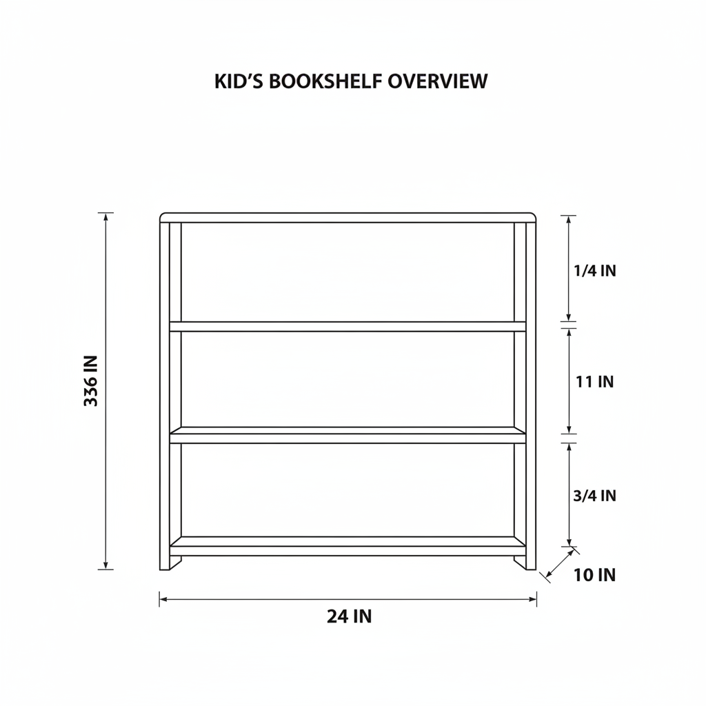 Simple wooden bookshelf for a kid's room, about 3 feet tall with 3 shelves
