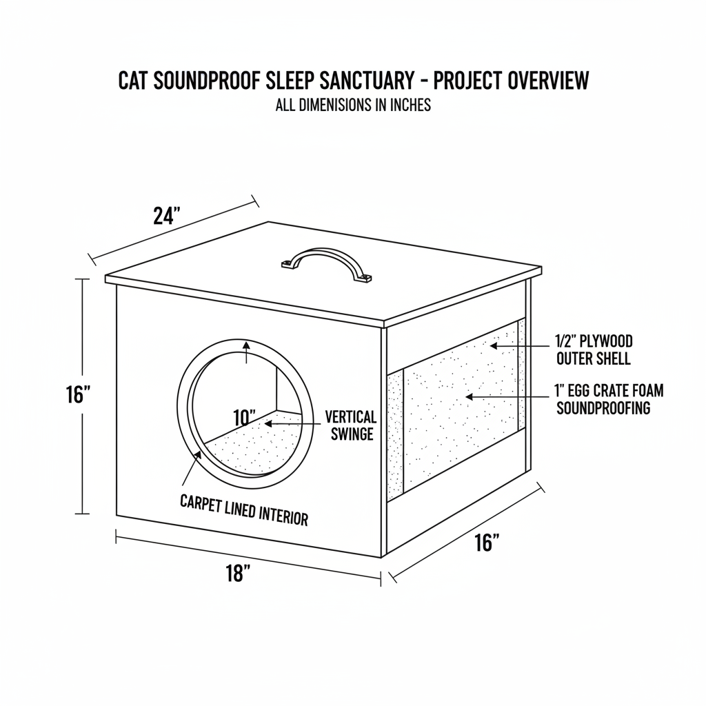 A simple carpet lined box for a cat bed in a noisy apartment - needs to have soundproofing built in for low cost, be pet safe, and have a vertically swinging round door for exit/entry