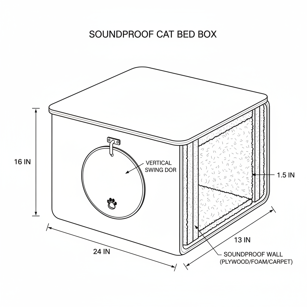 A simple carpet lined box for a cat bed in a noisy apartment - needs to have soundproofing built in for low cost, be pet safe, and have a vertically swinging round door for exit/entry