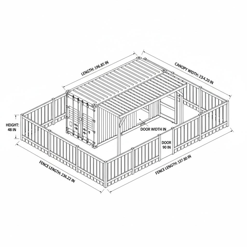 I'd like to build a kennel for my dog. I already have a shipping container that is 5 m long, 2.5 m wide, and 2 m high. The doghouse will go inside it. I would like you to draw up a plan for the exterior, including a fence around the container. Please also draw up a plan for a canopy over the container door. The canopy should be wider than the door and provide shade.