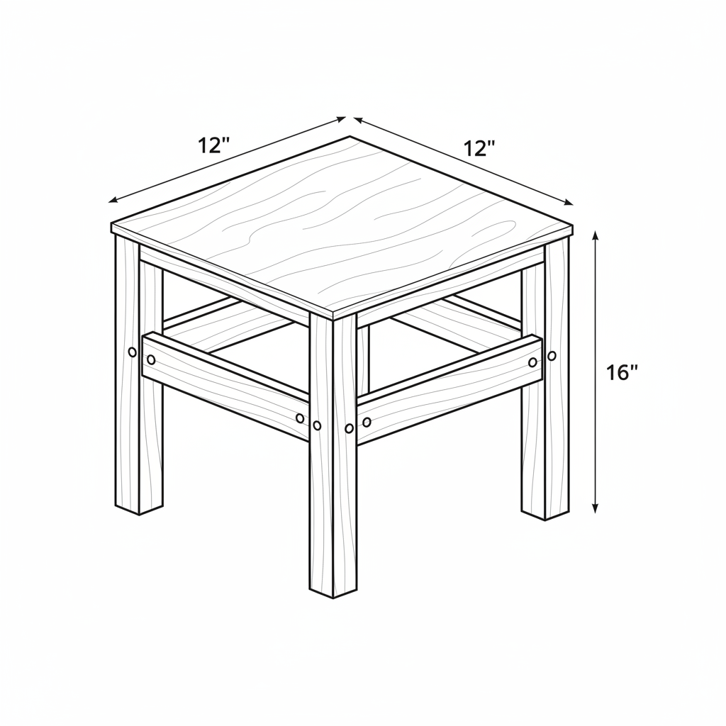 Small pine shop stool, 16 inches tall with a 12 by 12 inch seat, made from 2x4 pine framing and a 3/4 inch hardwood plywood seat. Beginner-friendly with mortise-free joinery.