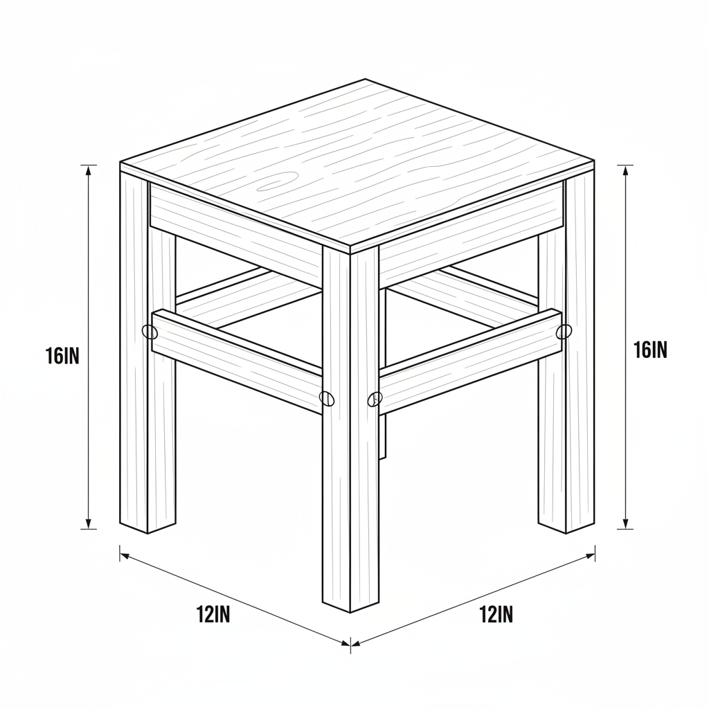 Small pine shop stool, 16 inches tall with a 12 by 12 inch seat, made from 2x4 pine framing and a 3/4 inch hardwood plywood seat. Beginner-friendly with mortise-free joinery.