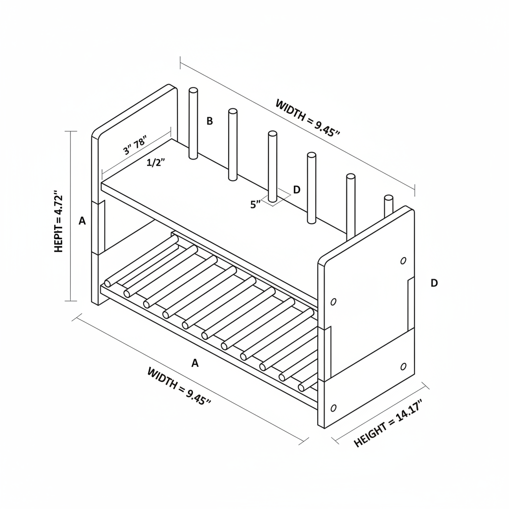 Generate original, marketable wooden plate/dish rack designs for home use — distinctive, not widely available. Requirements: ✅ Functional, stable, and practical ✅ Suitable for college production and commercial sale ✅ Varied shapes and configurations ✅ Improvements over simple triangular designs with only 4 lips ✅ Include design notes, dimensions, construction details, and benefits ✅ Provide visual references/sketches and full measurements for each idea