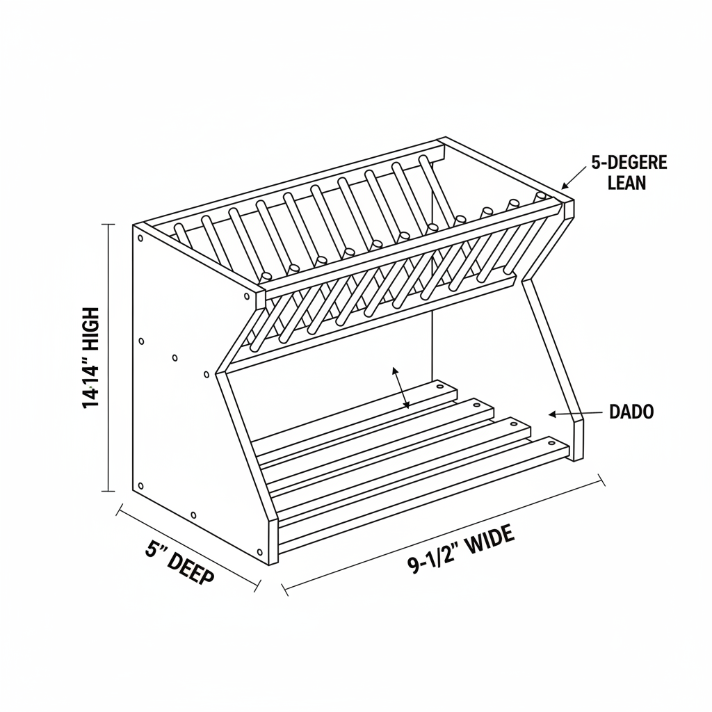 Generate original, marketable wooden plate/dish rack designs for home use — distinctive, not widely available. Requirements: ✅ Functional, stable, and practical ✅ Suitable for college production and commercial sale ✅ Varied shapes and configurations ✅ Improvements over simple triangular designs with only 4 lips ✅ Include design notes, dimensions, construction details, and benefits ✅ Provide visual references/sketches and full measurements for each idea