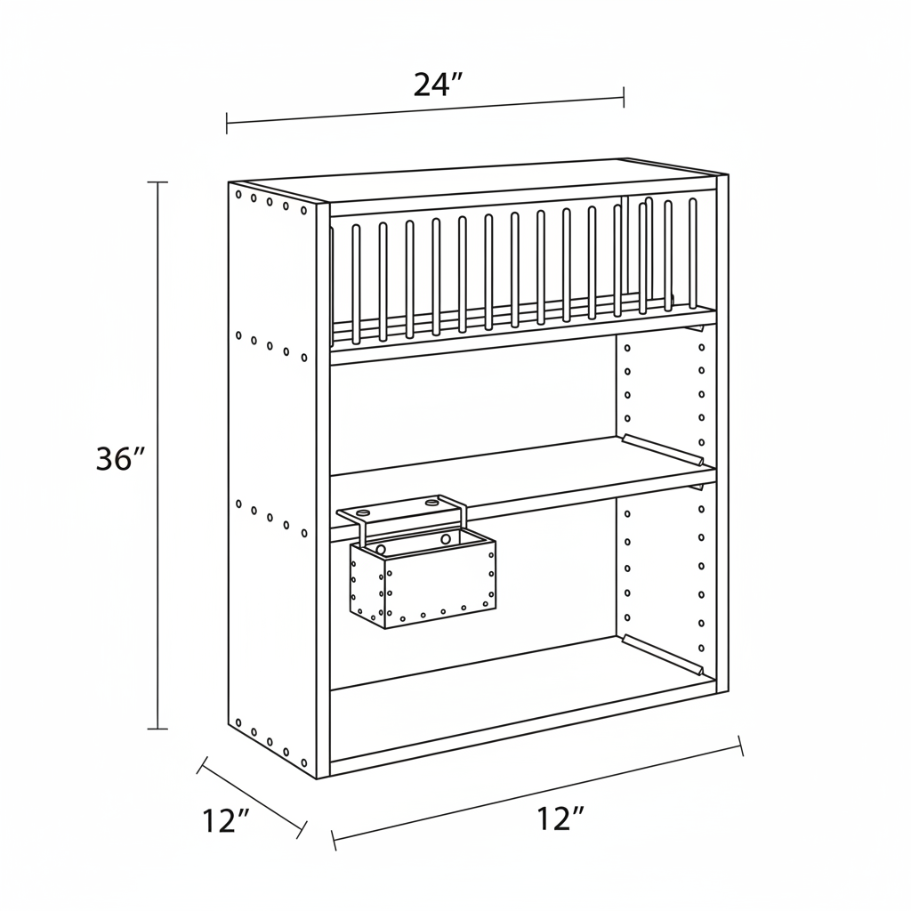 Design a unique, compact wooden dish rack that is more stable than the standard triangular folding type. It must be suitable for home use, workshop batch production, and retail sale.
