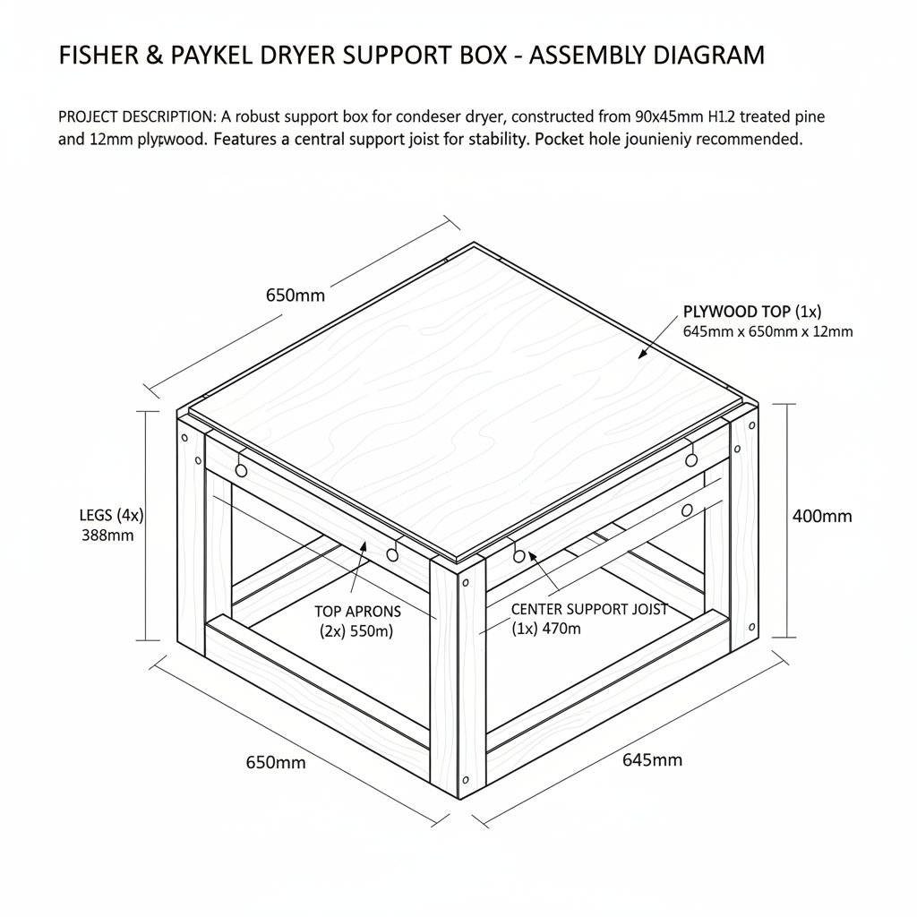 All measurements are to be in METRIC measurements only as I am in New Zealand and don't want to further have to convert the final document. Build a box for a Fisher & Paykel Condenser dryer to sit on so I don't have to bend over to load and unload. Dimensions: · External width: 650mm · External depth: 645mm · Total height: 400mm Materials: · 900mm x 450mm H1.2 NZ treated pine timber · 12mm plywood for the top surface. Will not need a cut list as I will get the pieces pre cut