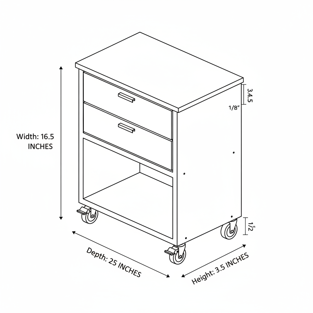 A simple stand for a drill press that has drawers and storage space. The stand should include the placement of casters for ease of movement.
