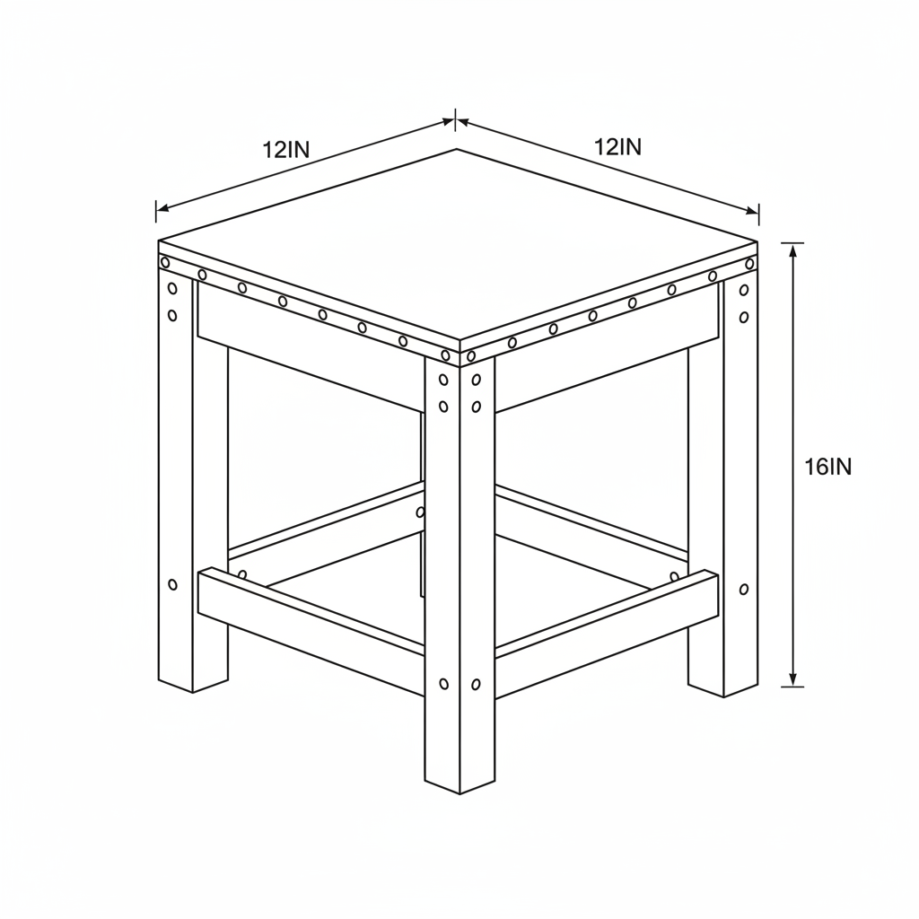 Small pine shop stool, 16 inches tall with a 12 by 12 inch seat, made from 2x4 pine framing and a 3/4 inch hardwood plywood seat. Beginner-friendly with mortise-free joinery.
