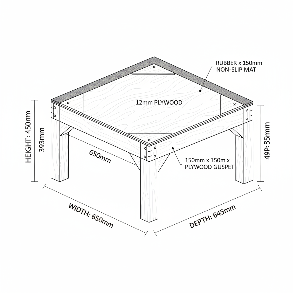 ALL MEASUREMENTS MUST BE METRIC NOT IMPERIAL. Build a box for a Fisher & Paykel Condenser dryer to sit on so I don't have to bend over to load and unload. Dimensions: · External width: 650mm · External depth: 645mm · Total height: 450mm Materials: · 900mm x 450mm H1.2 NZ treated pine timber · 12mm plywood for the top surface Construction details: · Four legs at 400mm height · Top frame made from the 90x45 timber (650mm front/back, 645mm sides) · Plywood deck screwed on top · Rubber non-slip mat on top of plywood · Simple butt joints with screws (no complex joinery needed) Requirements: · Must support 44kg static weight plus vibration from running dryer · Beginner skill level · Please provide a screw list, and step-by-step assembly instructions. Cut list won't be necessary as it's being cut for me at my local Mitre10 hardware store.