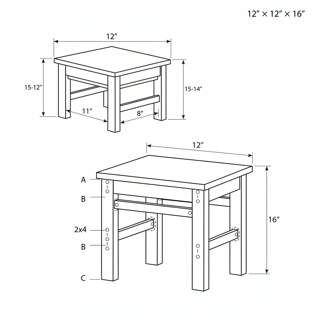 Small pine shop stool, 16 inches tall with a 12 by 12 inch seat, made from 2x4 pine framing and a 3/4 inch hardwood plywood seat. Beginner-friendly with mortise-free joinery.